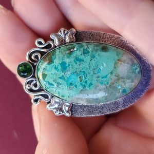 New Chrysocolla & Diopside 925 Silver Butterflies Statement Ring.